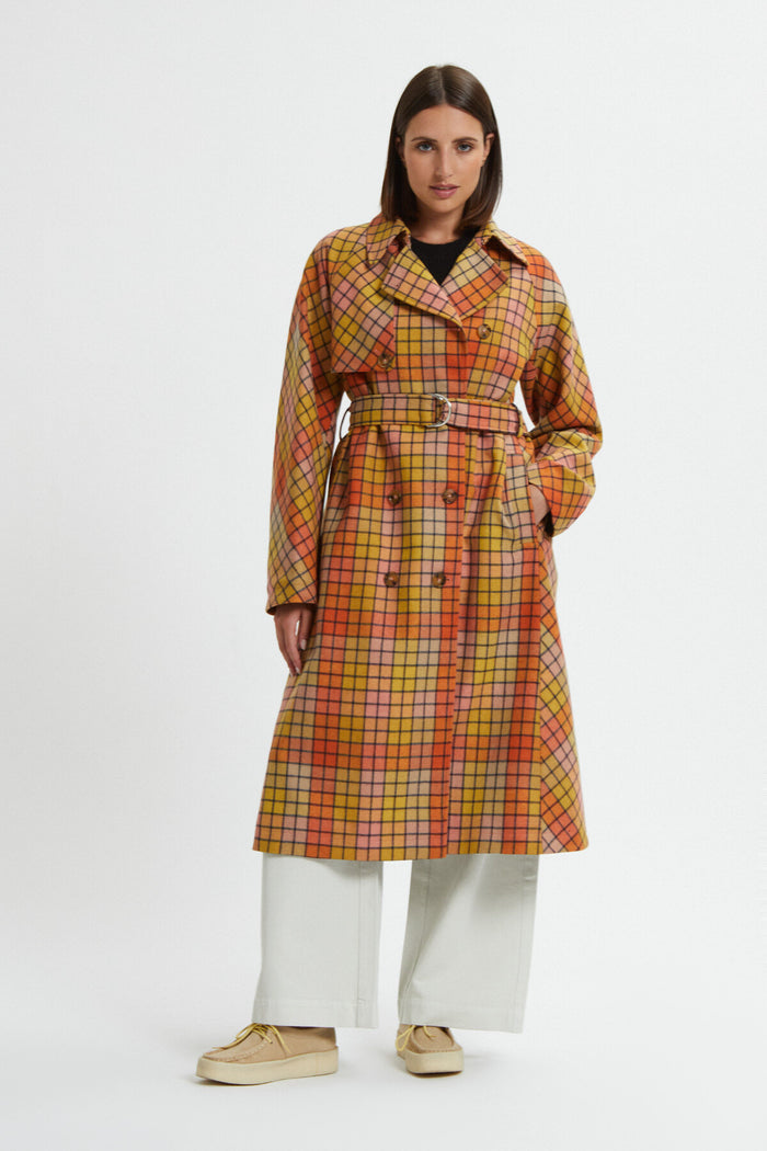 baracuta Women's Check Wool Trench Burned flamingo